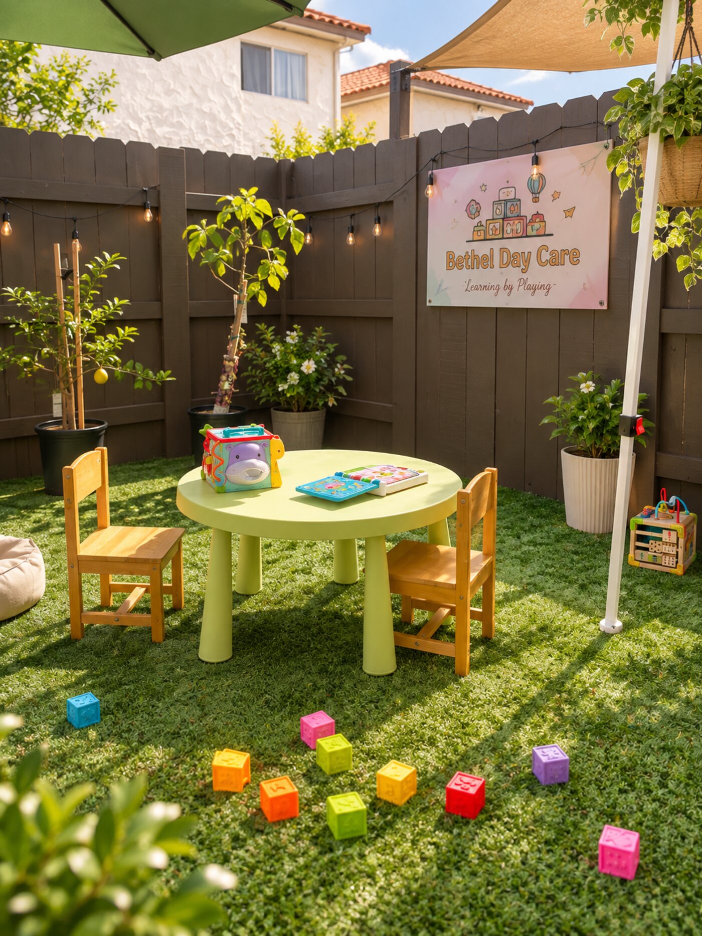 Patio exterior con pasto, sombra y juguetes